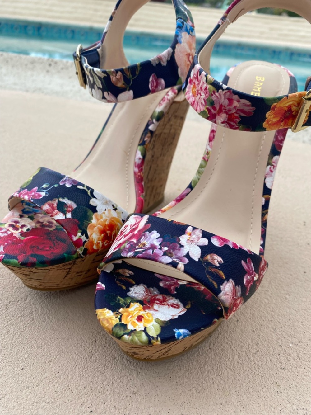 BAMBOO Navy Floral Platform Wedge Sandals